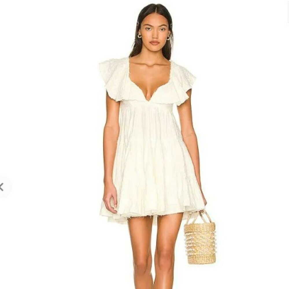 Free People Undone V Neck Ruffle Flutter Sleeves Off White Mini Dress Size L - Picture 3 of 16